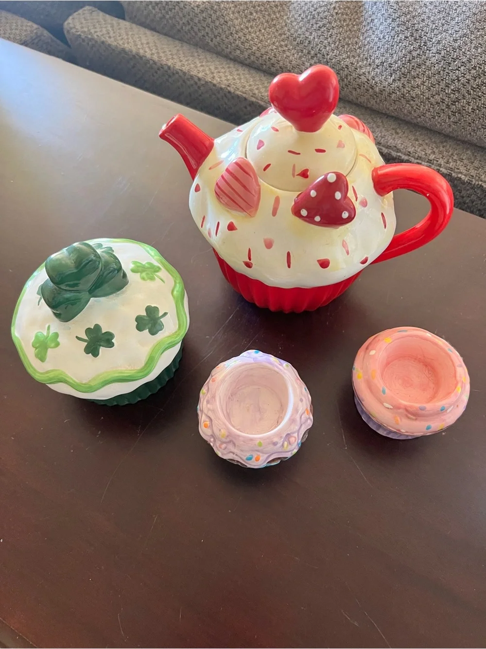 Cupcake Teapot and cupcake set  - Red, White, Green candle holders